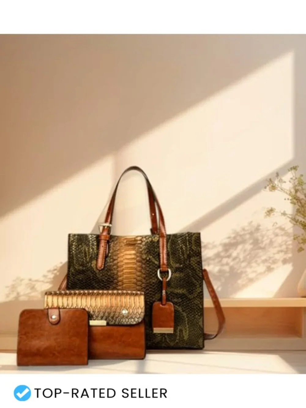 Women's Crocodile Pattern Satchel Handbag Tote 3-Piece Set Faux Leather